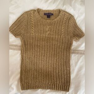 Ralph Lauren Purple Label Cable Knit Short Sleeve Sweater Metallic Gold Size M